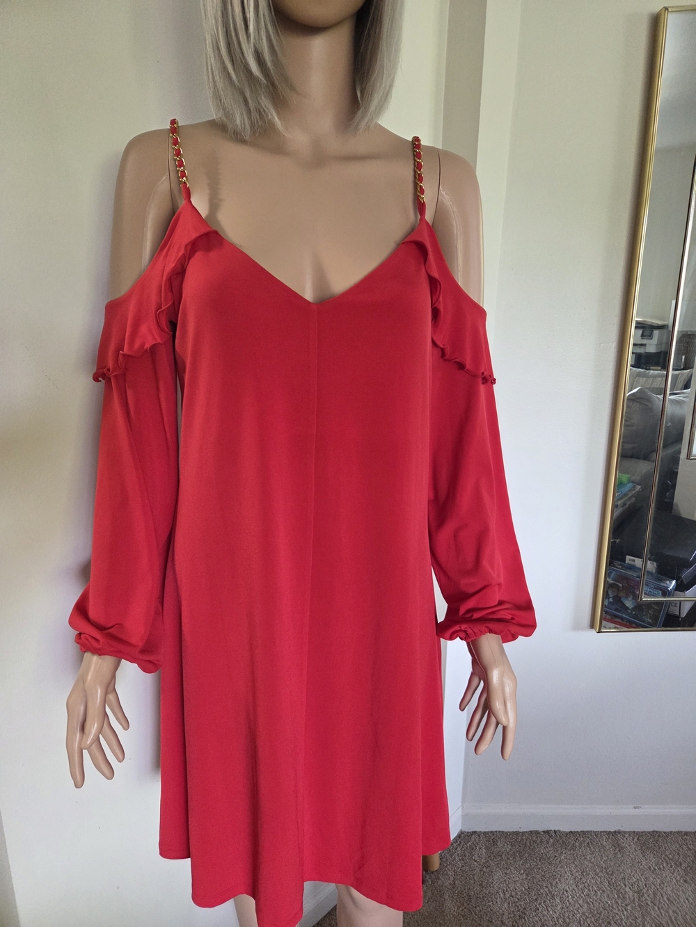 Michael Kors Red Cold-Shoulder Mini Dress with Chain Straps Size Medium